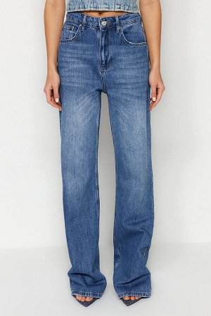 Trendyomilla Синие винтажные джинсы с широкими штанинами и высокой талией с эффектом выцветания