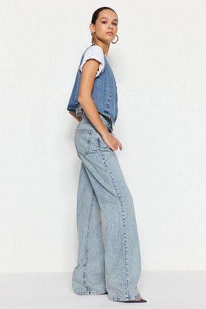 Голубые летние широкие джинсы из тонкой ткани с высокой талией