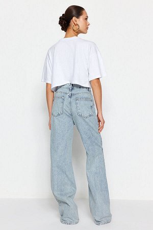 Голубые летние широкие джинсы из тонкой ткани с высокой талией