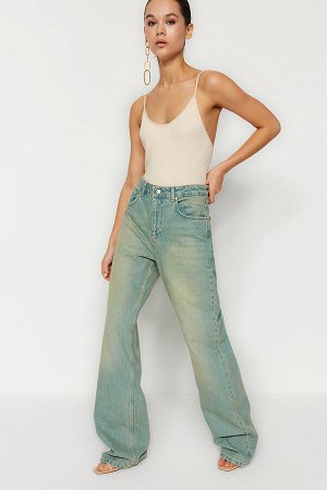 Trendyomilla Синие винтажные широкие джинсы с высокой талией и эффектом выцветания