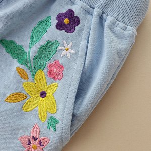 Детские голубые брюки на резинке, принт Цветы