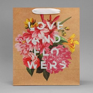 Пакет подарочный крафтовый вертикальный, упаковка, «Love and flowers», 23 х 27 х 11,5 см