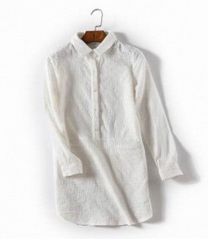 Блуза Блуза, оформленная длинными рукавами цвет: БЕЛЫЙ, смесь хлопка. Размер (обхват груди, длина рукава, длина изделия, см): S (84,54,76), M (88,55,78), L (96,56,79), XL (98,57,80)