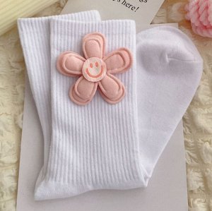 Женские носки, с декором в виде цветка, белый/розовый