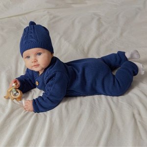 Комбинезон детский с шапочкой вязаный MINAKU, рост 56-62, цвет синий
