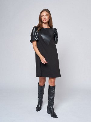 Платье черное длины мини с пышными рукавами и кожаной вставкой