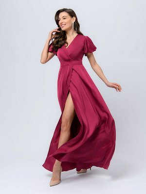 Платье вишневого цвета длины макси с глубоким вырезом и фигурными рукавами