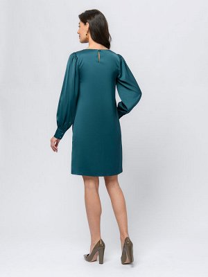 Платье изумрудного цвета длины мини с разрезом на груди и объемными рукавами