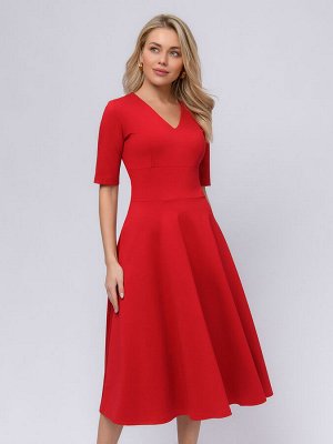 1001 Dress Платье красное длины миди с глубоким вырезом и рукавами 1/2