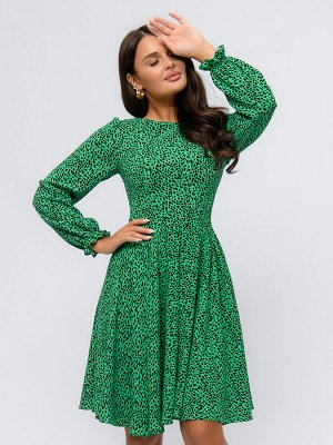 Платье зеленое с принтом и длинными рукавами