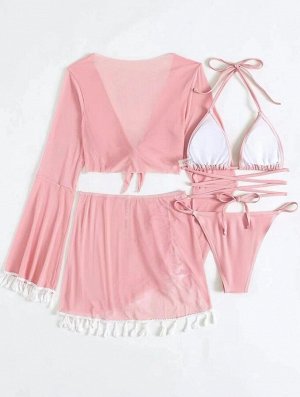 Женский раздельный купальник + топ с рукавом + юбка, цвет розовый