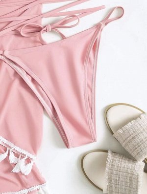 Женский раздельный купальник + топ с рукавом + юбка, цвет розовый