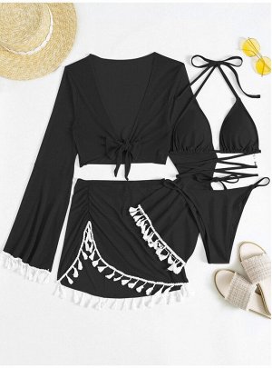Женский раздельный купальник + топ с рукавом + юбка, цвет черный