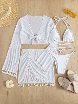 Женский раздельный купальник + топ с рукавом + юбка, цвет белый