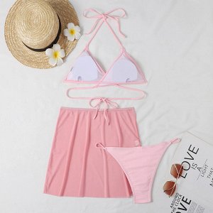 Женский раздельный купальник + юбка, цвет розовый