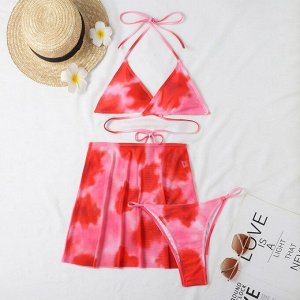 Женский раздельный купальник + юбка, цвет розовый, с принтом