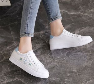 Кеды из иск. кожи, на шнурках, повседневные, белый с голубым