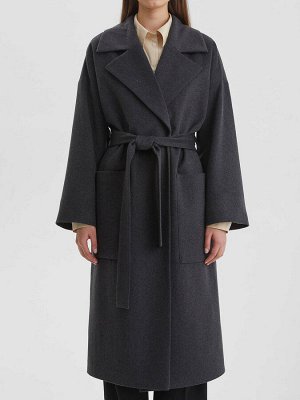 Пальто с объемными карманами и поясом, тёмно-серый