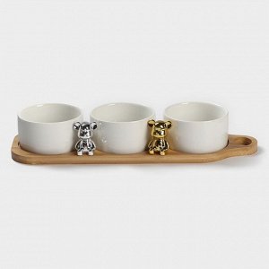 Набор соусников керамических на деревянной подставке «Стильный Мишка», 4 предмета: 3 соусника 120 мл, подставка