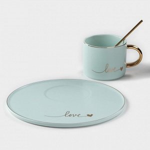 Кофейная пара керамическая «Любовь», 3 предмета: кружка 200 мл, блюдце d=20 см, ложка h=14 см, цвет голубой