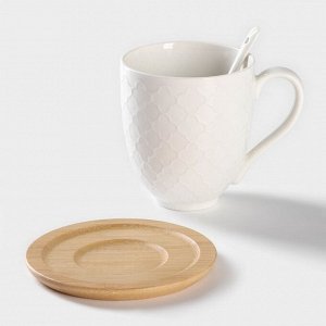 Набор керамический чайный на бамбуковой подставке BellaTenero, 6 предметов: 2 чашки 350 мл, 2 деревянных блюдца d=12 см, 2 ложки, цвет белый