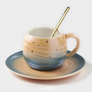 Чайная пара керамическая «Магия», 3 предмета: кружка 260 мл, блюдце d=15,8 см, ложка h=14 см, цвет оранжево-синий