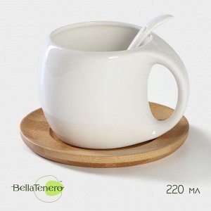 Чайная пара с ложкой BellaTenero, 3 предмета: чашка 220 мл, керамика, ложка, деревянное блюдце, белая
