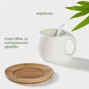 Чайная пара с ложкой BellaTenero, 3 предмета: чашка 220 мл, керамика, ложка, деревянное блюдце, белая