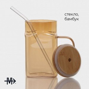 Банка Magistro «Эко», 620 мл, ручка, трубочка, с бамбуковой крышкой, стекло, прозрачная, золотая