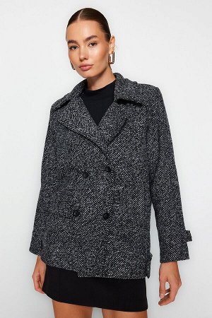 Черное пальто с принтом свободного размера и широким вырезом меланжевого цвета