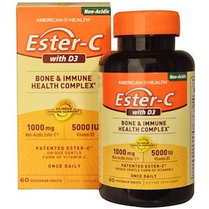 American Health, Эстер-C с D3, оздоровительный комплекс для костей и иммунитета, 1000 мг/5000 МЕ, 60 вегетарианских таб.
