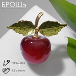 Брошь «Вишня» с листочками, красно-зелёная в золоте