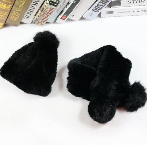 Комплект: шапка меховая вязаная и шарф цвет: ЧЕРНЫЙ