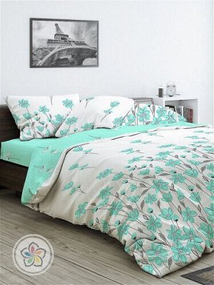 "Мастерская снов" Комплект постельного белья мятного цвета с цветами из ткани гофре (жатка), 100% хлопок, размер дуэт/семейный