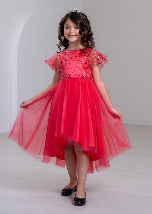 Платье из однотонной атласной ткани, комбинированное с верхним слоем  сетки, цвет малиновый