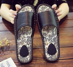 Тапочки домашние из нат. кожи с принтом, зеленый