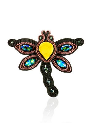Плетёная брошь-стрекоза с натуральным янтарём медового цвета «Индия»