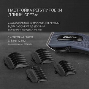 Машинка для стрижки волос POLARIS PHC 0954, 10 установок длины, 4 насадки, от сети, синяя, 34783