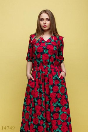 Женское платье большого размера Никон синий принт красный розы