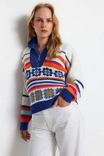 Трикотажный свитер на молнии с узором Saks