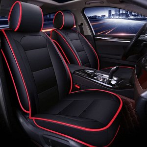 Чехлы для авто экокожа, комплект для переднего и заднего ряда, черный с красным контуром, Carfort Elegance