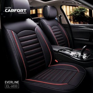 Чехлы для авто экокожа, комплект для переднего и заднего ряда, черный с красной прошивкой, Carfort Everline