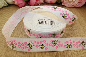 Репсовая лента с рисунком "Пчелки и розовые цветочки" 25мм * 25 ярдов (+-1м)
                        							В наличии