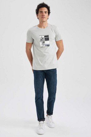 DEFACTO Облегающая футболка из 100 % хлопка с короткими рукавами и круглым вырезом с принтом
