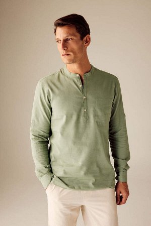 DEFACTO Рубашка приталенного кроя с воротником-стойкой и длинными рукавами из смесового льна