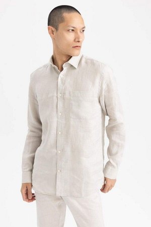 Рубашка из 100% льна с длинными рукавами и воротником-поло стандартного кроя