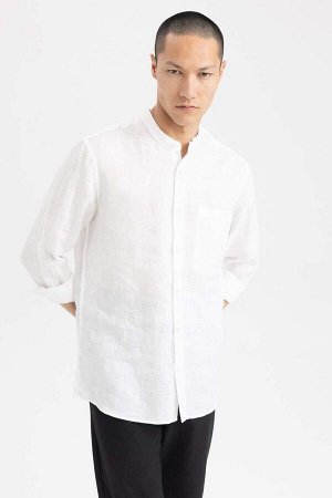 DEFACTO Рубашка из 100% льна с длинным рукавом и воротником-стойкой Modern Fit