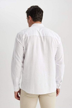 Льняная рубашка обычного кроя с воротником поло и длинными рукавами