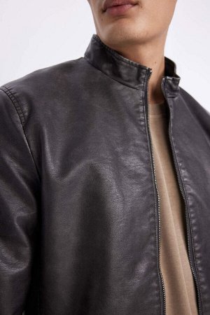 DEFACTO Приталенная куртка с воротником-стойкой Пальто из искусственной кожи
