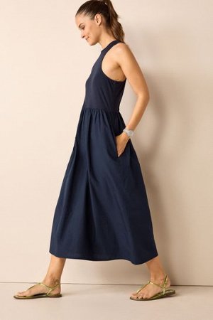Синее трикотажное платье со спиной-борцовкой